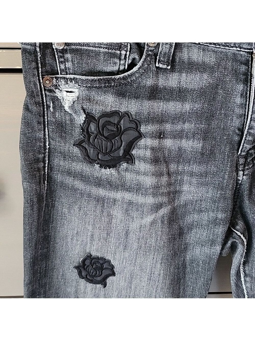 Denim Supply Ralph Lauren Black Skinny Jeans DISTRESSED Black Rose Applique - Picture 9 of 10